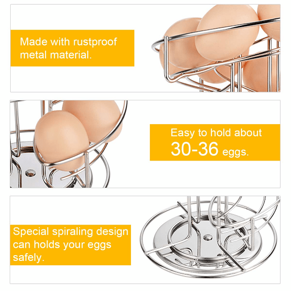 Äggdispenser, äggspiral i rostfritt stål, spiraldesign, äggställ för förvaring av ca 30-36 ägg, silver Silver