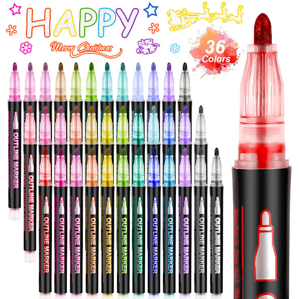 Outline Magic Pens Adventskalender Flickor 36 Färger Dubbla Linjer Glitterpennor Metalliska Magic Pens för Målning, Presentkort, Scrapbooking, Hantverk
