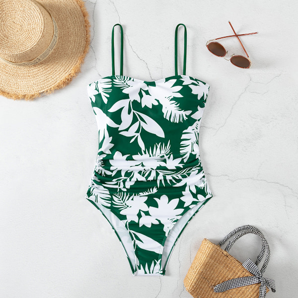 2024 Ny Ankomst Modeeksport Én-delt Badedragt Dame Spaghettistropper Slank Smuk Rygtryk Alt-i-Én Badedragt Amazon Grøn baggrund med hvide blomster Green background with white flowers M