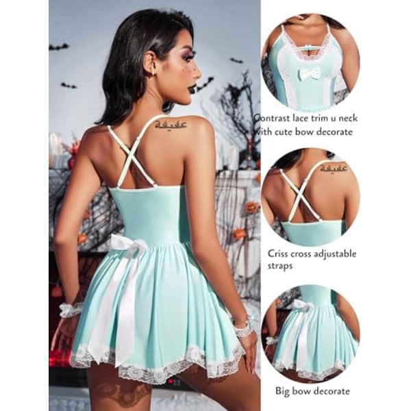 Maid Kostym Cosplay Underklädesset Mesh Chemise Babydoll Spets Rollspelsoutfit Blå Blue XL