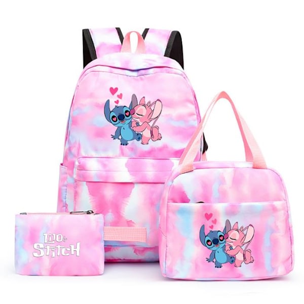 Lilo Stitch Angel Ryggsekk for Gutter, Jenter Vesker med Matboks Blyantveske Sett, Justerbare Skuldervesker Gaver B