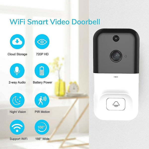 Trådløs Smart WiFi Dørklokke Kamera Telefon Video Dør Visuel Ring Dørklokke Intercom (Hvid)