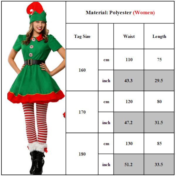 Jultomtens Vuxna Barn Tomtenisse Kostymhjälpare Utklädningskläder Familjefest Cosplay Kvinnor Women 170cm