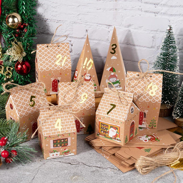 24 Stycken Adventskalender Presentaskar - Julgodisaskar Presentförpackning - Triangulära Adventskalender Presentaskar - Jul
