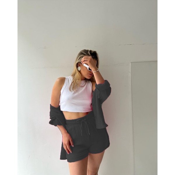 Dame 2-delt bukse sett Lin Skjorte shorts sett svart black M
