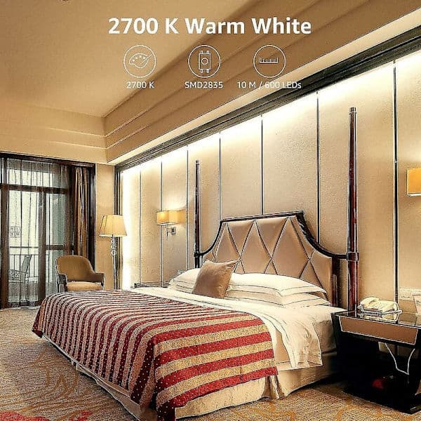 12V 10m Dimmable LED Strip Warm White 3000K, 600 LEDs with Dimmer, Indoor Lighting