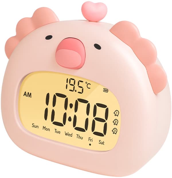Børnevækkeur, salamanderformet digital søvntræner med LED-display, 3 alarmer, nedtællingstimer, USB-C genopladelig, pink