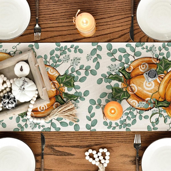 Oransje Gresskar, Eukalyptus Høst Bordløper, Høst Thanksgiving Kjøkken Spisebord Dekorasjon for Hjemmefest Dekor 13x72 Tommer Style 2