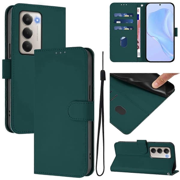 Xiaomi Redmi 15 5G Cover - Solid Color Leather Wallet Case with Strap, Stand Function Protective Phone Case Dark g Dark green Dark Green