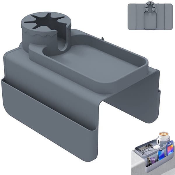 Armlene Organizerbrett, Fleksibel Silikon Sofa Caddy Med Koppholder, Lomme For Telefon Og Fjernkontroll, Anti-skli Grå For Sofa