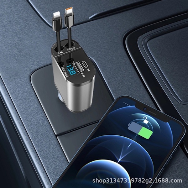 120W Uttrekkbar Billader 4 i 1 Billaderadapter med Uttrekkbare Kabler og USB/USB-C-porter Kompatibel med i-P-hone, Android, Samsung Galaxy