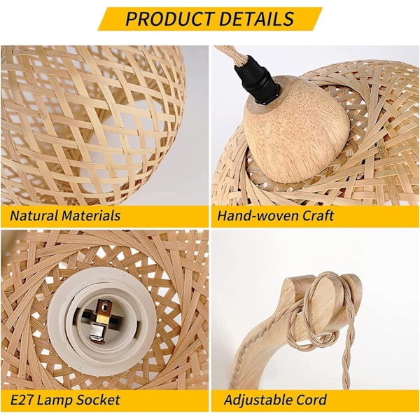 Vintage vegglampe i tre med sokkel og bryter, E27 retro bambuslykt, rotting sengelampe (ingen lyspære) [Energiklasse F] Rattan Lampshade
