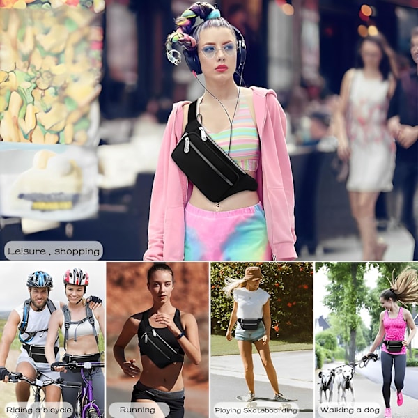 Midjeveske, Vanntett 4 Glidelåser Lommer Fanny Pack Løping Midjeveske Veske Justerbart Belte Midjeveske for Utendørs, Sport, Vandring, Reiser (Svart)