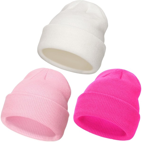 Vinterstrikket Beanie til Småbørn - Blød Unisex Varmt Hætte til Drenge og Piger 3 Pack Hats : White/Pink/Rose Red 3-24 months