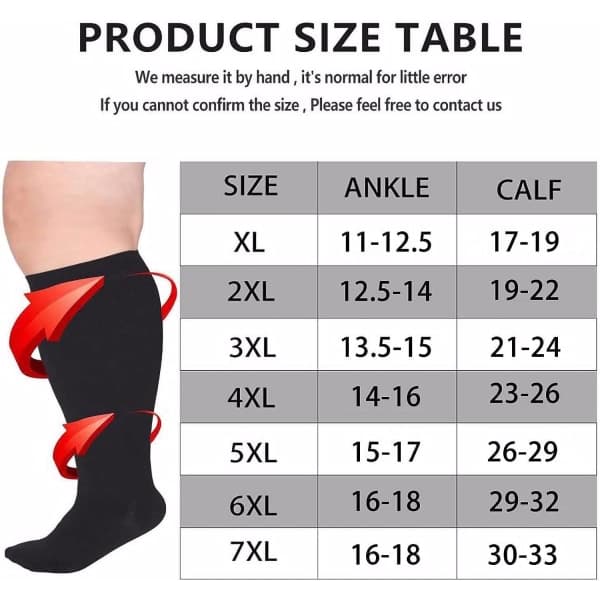 TG Plus Size 7XL Kompressionsstrømper - Sort, Bred Læg, Medicinsk Støtte