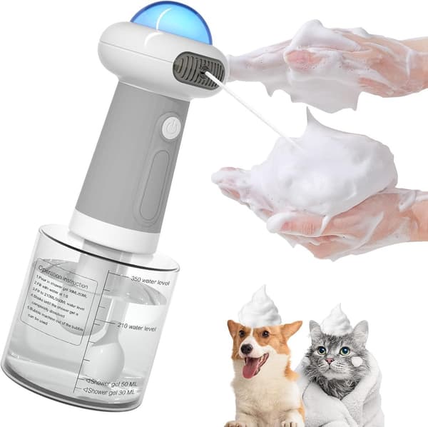 Elektrisk skumdispenser for kjæledyr, IPX7 vanntett, magnetisk lading, 350 ml, for hunder og katter, grå