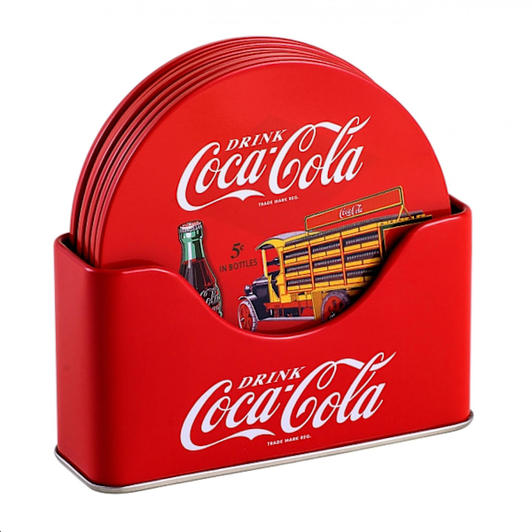 Coca-Cola Retro Art Brettsett i tinn med holder, 6-pakning