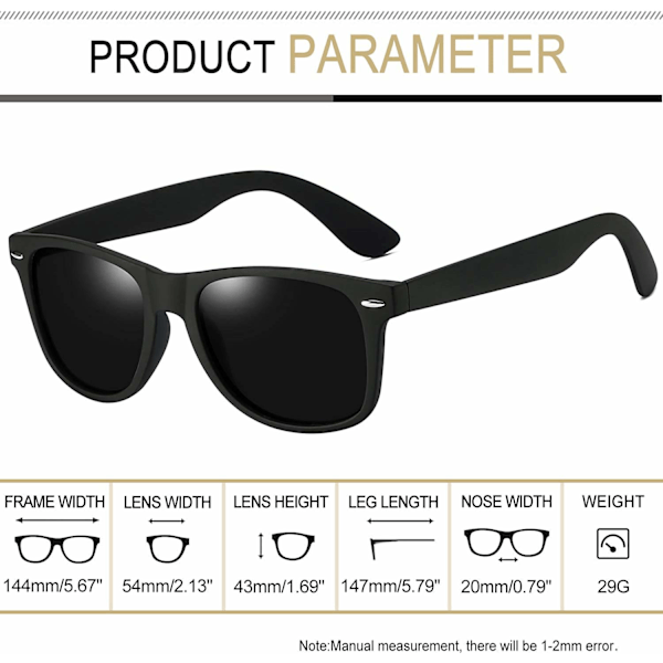 Firkantede polariserede solbriller Herre Dame UV-beskyttelse Unisex