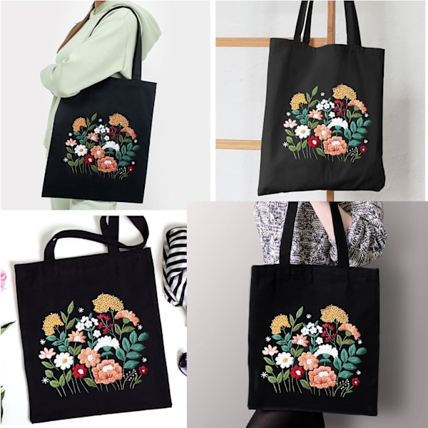 Sort lærred broderisæt med mønster og instruktioner, broderistartsæt, inklusive blomstermønster broderitaske, bambus broderiramme, C