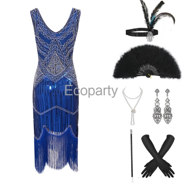 1920-talet Vintage Flapper Girls Gatsby Festklänning för kvinnor U-hals ärmlös paljett tofsar Klänningar med fläkt halsband Tillbehör Blue XXXL