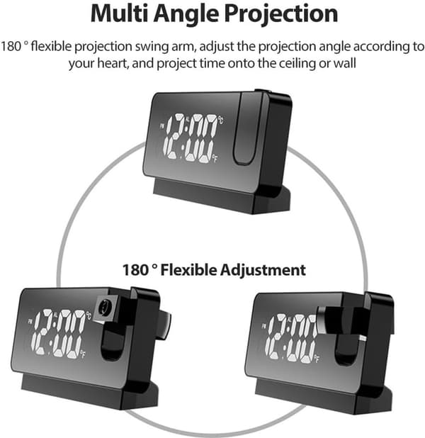 Digital projektionsväckarklocka, 180° roterande LED-spegeldisplay, dubbla larm, USB-driven, sängbord, 2-pack, svart