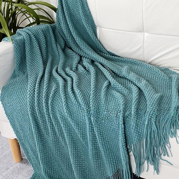 Akrylstickad Filt, Lätt och Mjuk Mysig Dekorativ Vävd Filt med Fransar för Resor, Soffa, Säng, Soffa, 130x170 cm Light green