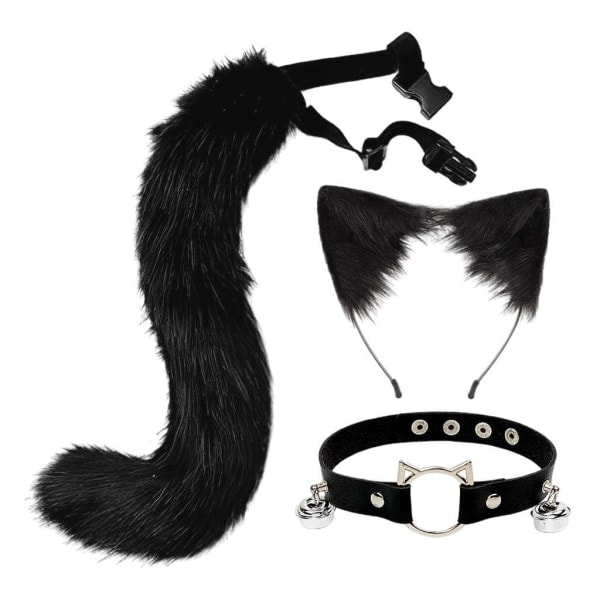 CASA 1/2/3/5 3 stk. Pelsbeklædte Katteører Hale Læderchoker Halloween Lolita Sort Kitty 1 stk.