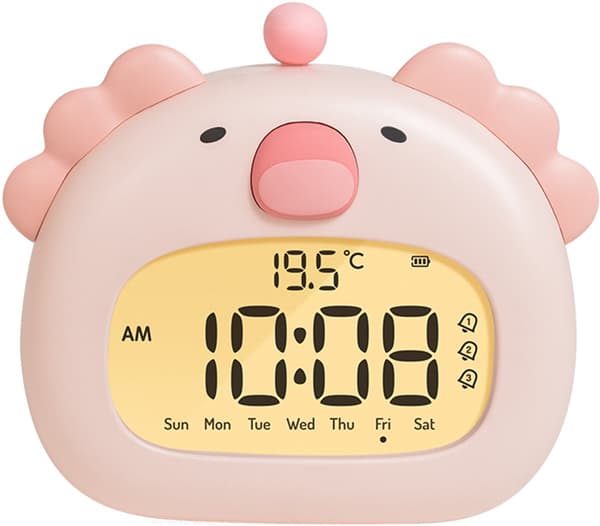 Børnevækkeur, salamanderformet digital søvntræner med LED-display, 3 alarmer, nedtællingstimer, USB-C genopladelig, pink