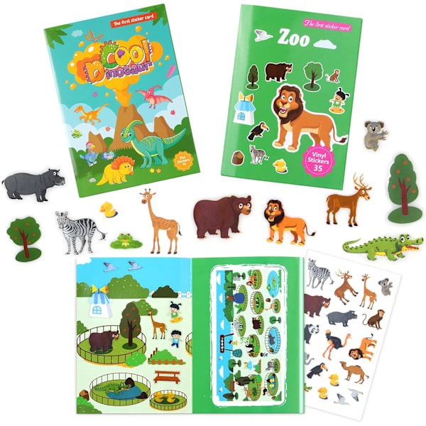 Reusable Stickers - Zoo/Dinosaur Theme Sticker Sheets for Toddlers, Perfect as Birthday and Guest Gifts (2 Sheets)