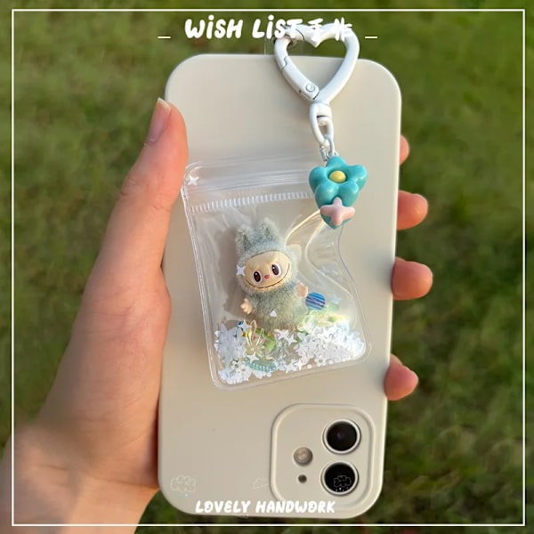Ny Flocking Mini Labubu Vinyl Nyckelring Söt Väska Mobiltelefon Docka Present Hänge Tillbehör Kawaii Leksaker Present (FMY) i
