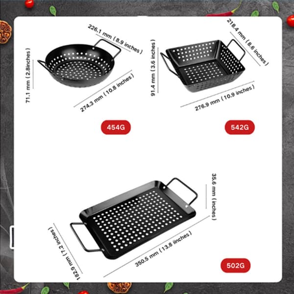 BBQ Grillkurv Sæt, 3-Dele Rustfrit Stål Non-stick Kurve, 3 Former Til Grøntsager, Kød Og Skaldyr, Udendørs Grillning, Sort