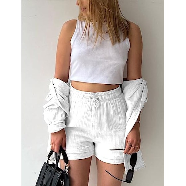 Dame 2-delt bukse sett Lin Skjorte shorts sett Hvit White S