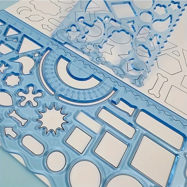 Geometrisk Tegnelinealsæt, 2-delt Multifunktionelle Formskabeloner til Studerende, Kunst og Industriel Måling, Blå