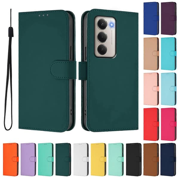 Xiaomi Redmi 15 5G Cover - Solid Color Leather Wallet Case with Strap, Stand Function Protective Phone Case Dark g Dark green Dark Green