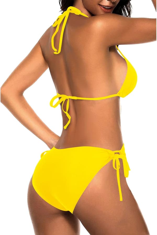 WJSM Women's Triangle Bikini Set Halter Two-Piece Sexy Swimsuit String Tie Side Swimwear Deep Yellow Deep Yellow L