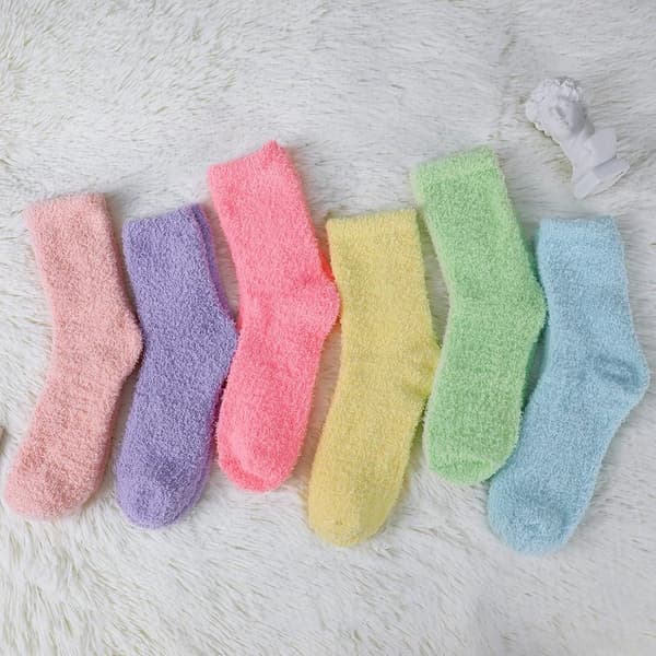Halkfria fluffiga strumpor för kvinnor, 6 par fleece, sjukhusstrumpor med grepp, mjuka sovtofflor