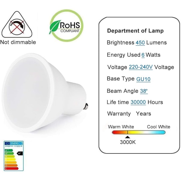 GU10 LED-lamput, 5 kpl, 6W Lämmin Valkoinen 3000K, Korvaa 40W Halogeenin, Ei Himmennettävissä Warm white-6w