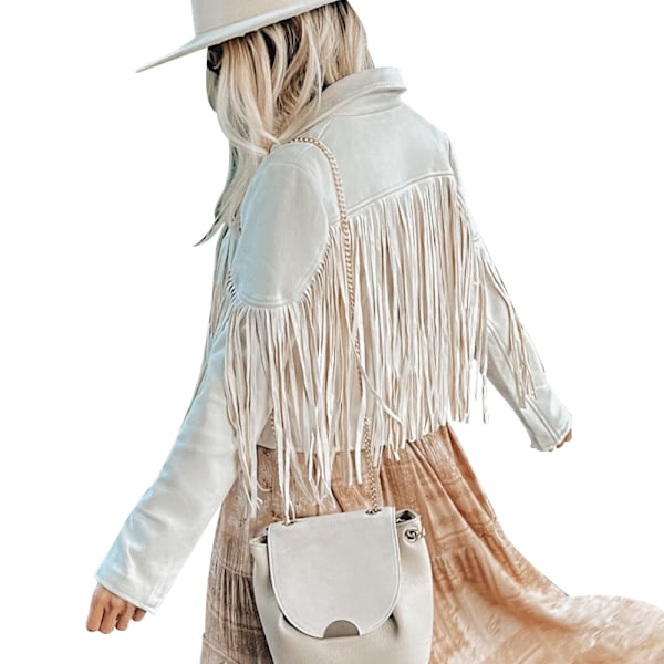 Damejakke i kunstlæder med frynser, motorcykeljakke med åben front og frynser BEIGE BEIGE XL