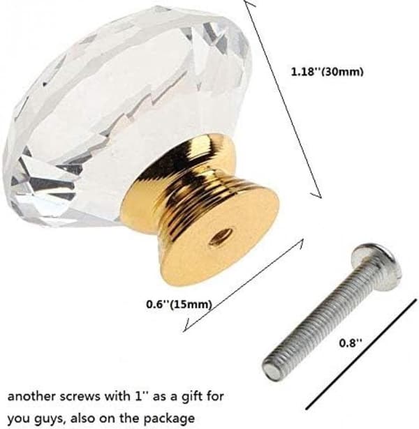 Diamantglas skabsknopper, guldbase, klar krystal 30 mm, til skrivebords- og kommodeskuffer