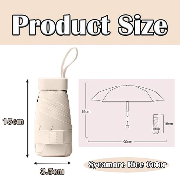 Mini reseparaply med förvaringsfodral, 6-ribbat vindresistent UV-skyddsparasoll för kvinnor, flickor, vuxna, barn, beige