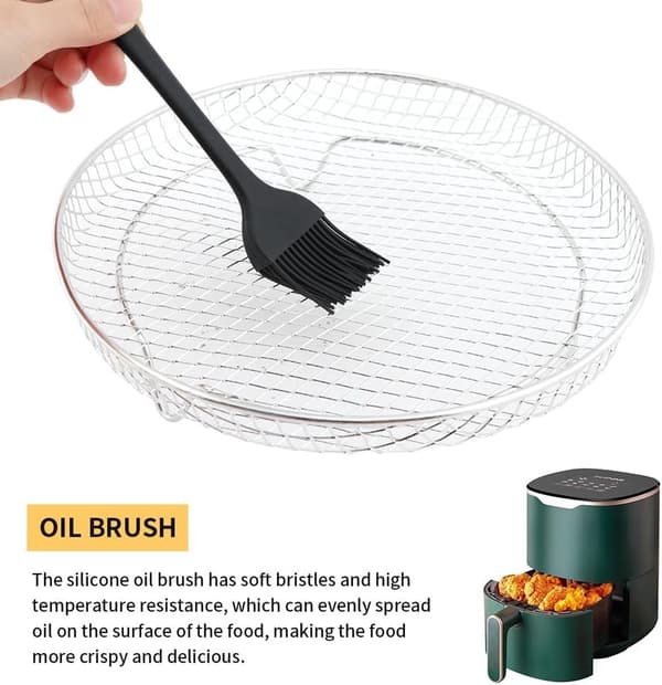 Airfryer-tilbehør, 3-lags stablebart tørkestativ, rustfritt stål med oljebørste og klips, passer til 4,2-5,8 QT
