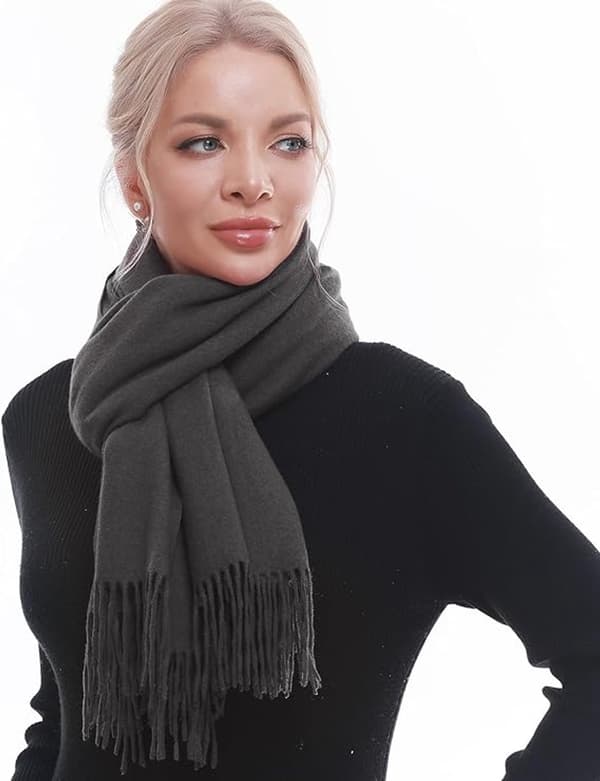 Vävd damhalsduk, mjuk imitation av kashmirpolyester, varm fransad sjal för höst vinter, mörkgrå, 70 x 200 cm Dark Heather Grey