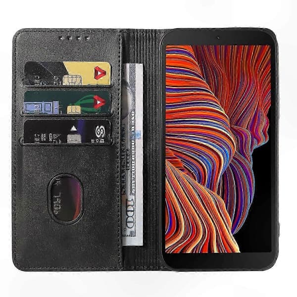 Durable Magnetic Leather Cover with Secure Snap Closure - Protective Case for Galaxy Xcover 5 Black