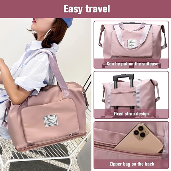 Stor sammenklappelig rejsetaske, let og vandtæt håndbagage med fast rem, tør og våd separation sammenklappelig rejse pink