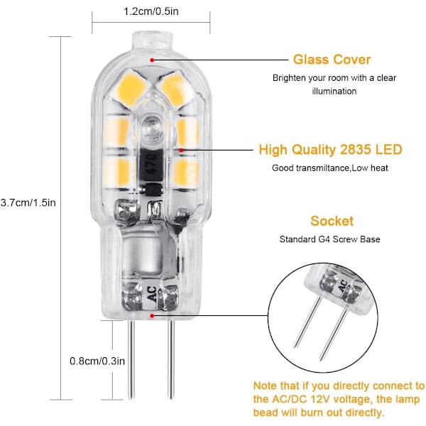 G4 LED Pære – 10-pak, varm hvid, 2W, 130 lm, 12V AC/DC, 3000K, 360-graders, erstatning for 15W halogenpærer. 10 transparent