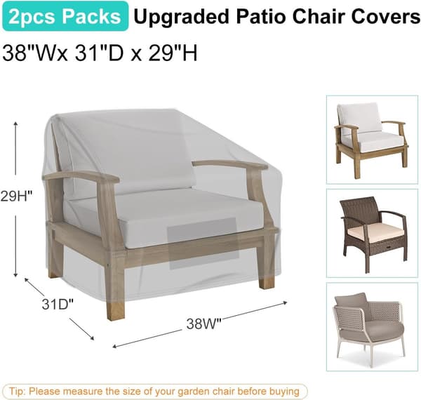 Vattentäta trädgårdsstolsöverdrag, 2-pack grå, 210D Oxford, för stor loungestol, 96.5x78.7x73.7cm