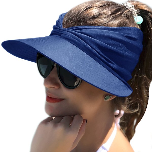 Solskjerm for dame, bred brem, UPF 50+ UV-beskyttelse, sommer, topless strandhatt, sammenleggbar, hurtigtørkende solskjerm, strand, sportscaps, marineblå navy blue