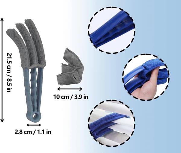 Persiennerenser sett, 2 børster med 4 vaskbare mikrofiberdeksler, for persienner, luftventiler, tastaturer og biler, grønn/blå