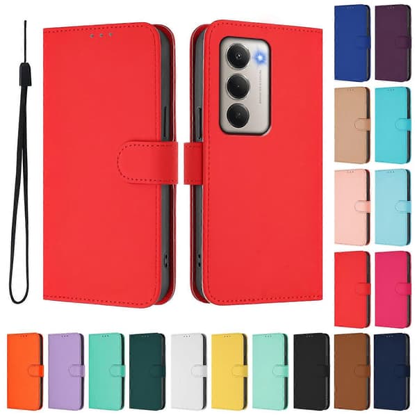 Xiaomi Redmi 15 5G Cover - Solid Color Leather Wallet Case with Strap, Stand Function Protective Phone Case L Light red Bright Red