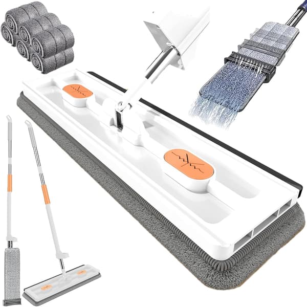 Rotatable Flat Mop Set with Wringing Function and Reusable Microfiber Pads White + 6 rags